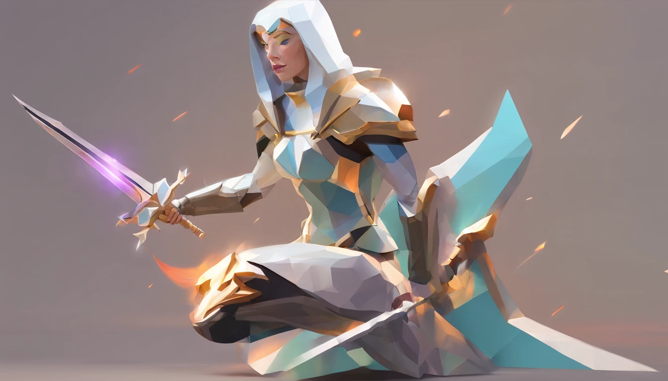 An armored paladin woman kneeling on one knee holding a flaming sword, abstract beauty, Centered, Looking at the camera, Facing the camera, nearing perfection, Dynamic, Highly detailed, smooth, Sharp focus, 8K, high definition resolution, illustration, adobe illustrator, flat, Art by Ramil Sunga, Casper Konefal, Nick Thornborrow, and Matt Rhodes