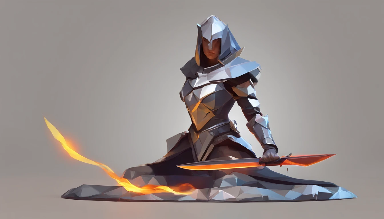 An armored paladin woman kneeling on one knee holding a flaming sword, abstract beauty, Centered, Looking at the camera, Facing the camera, nearing perfection, Dynamic, Highly detailed, smooth, Sharp focus, 8K, high definition resolution, illustration, adobe illustrator, flat, Art by Ramil Sunga, Casper Konefal, Nick Thornborrow, and Matt Rhodes
