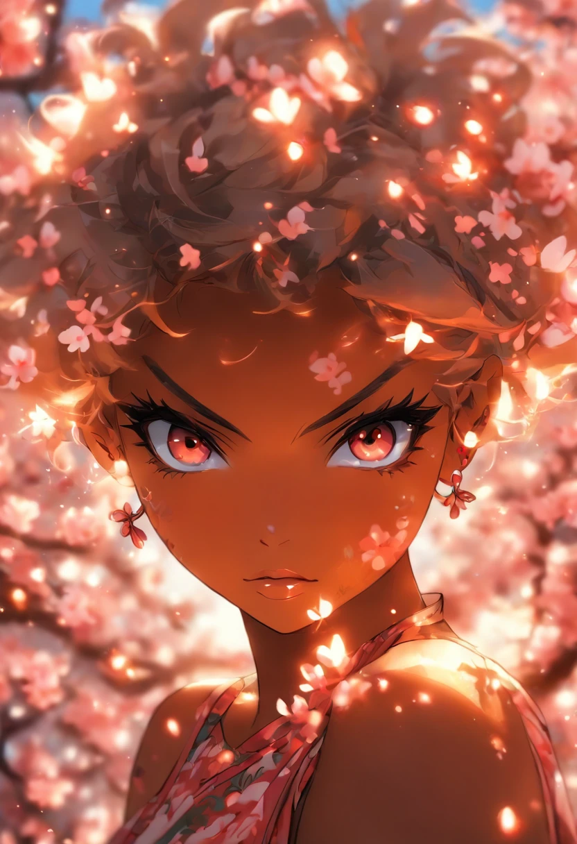 The most beautiful and sexy girl, pixie haircut, red eyes, dark skin, beautiful and highly detailed, tattoos and piercings, mature female, cherry blossoms blowing in the wind , perfect masterpiece, high quality, high resolution