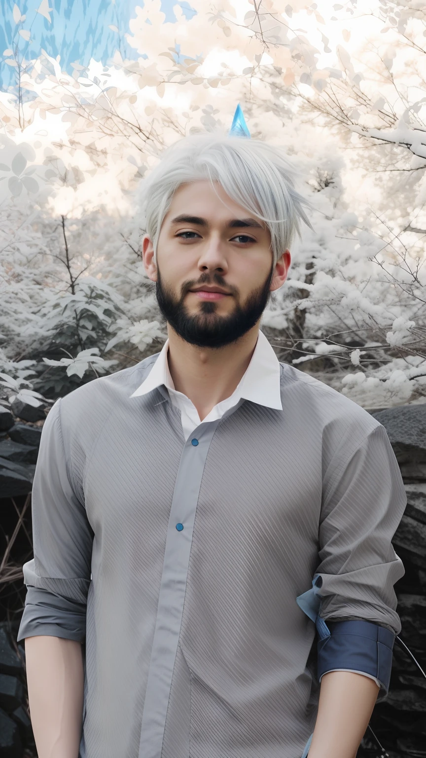 Anime man with white hair and blue eyes, tall anime guy with blue eyes,, 2 d anime style, spear, he has dark grey hairs, zerochan art, white haired, zerochan, Male live-action anime style, male anime character，Anime realistic style