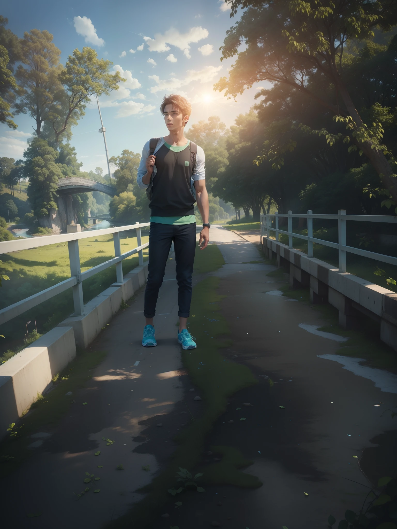 Change Background sky blue and white colouring, Sun light, bridge and road, River, green trees, handsome boy, realistic face,8k, ultra realistic.