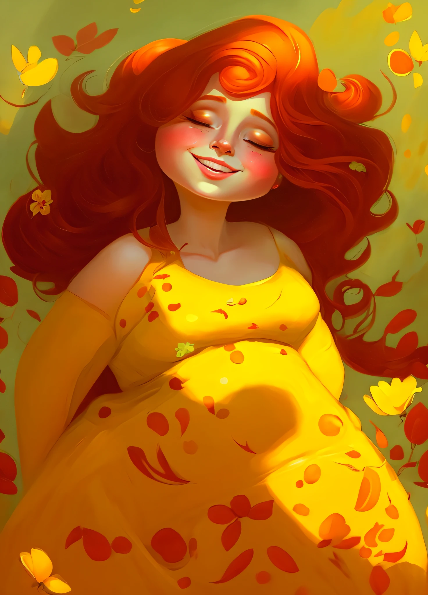 a painting of a pregnant woman with long brown hair and a yellow dress, inspired by Lois van Baarle, by Lois van Baarle, adorable digital painting, cute detailed digital art, digital cartoon painting art, beautiful digital illustration, jen bartel, cute digital art, a beautiful artwork illustration, cartoon digital painting, lots of colorful balloons background