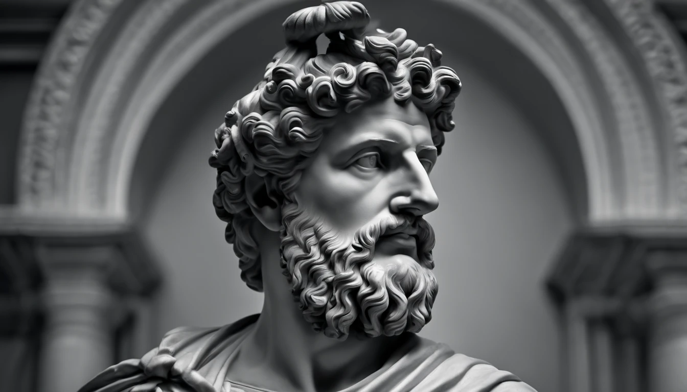 a portrait statue of the stoic Marcus Aurelius in black and white 4K,Face de lado, papel de parede super realista