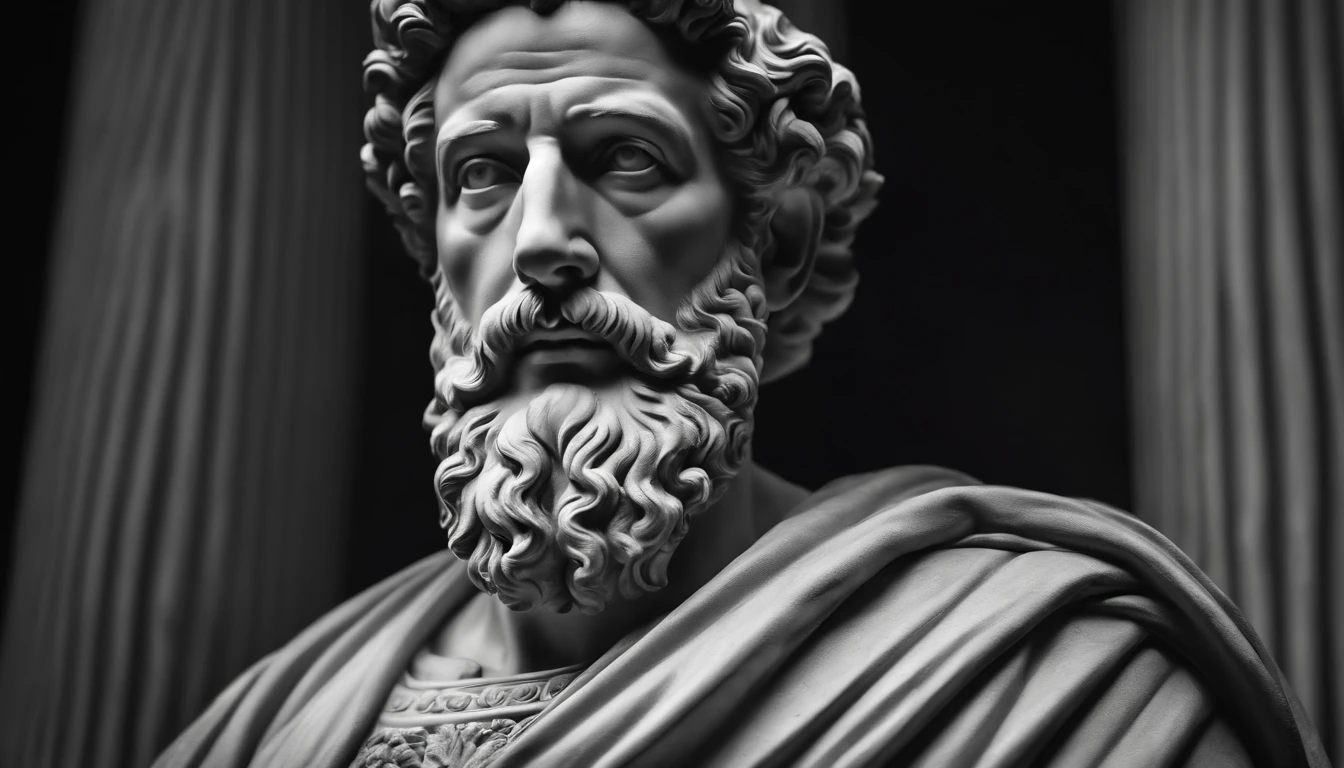 a portrait statue of the stoic Marcus Aurelius in black and white 4K,Face de lado, papel de parede super realista