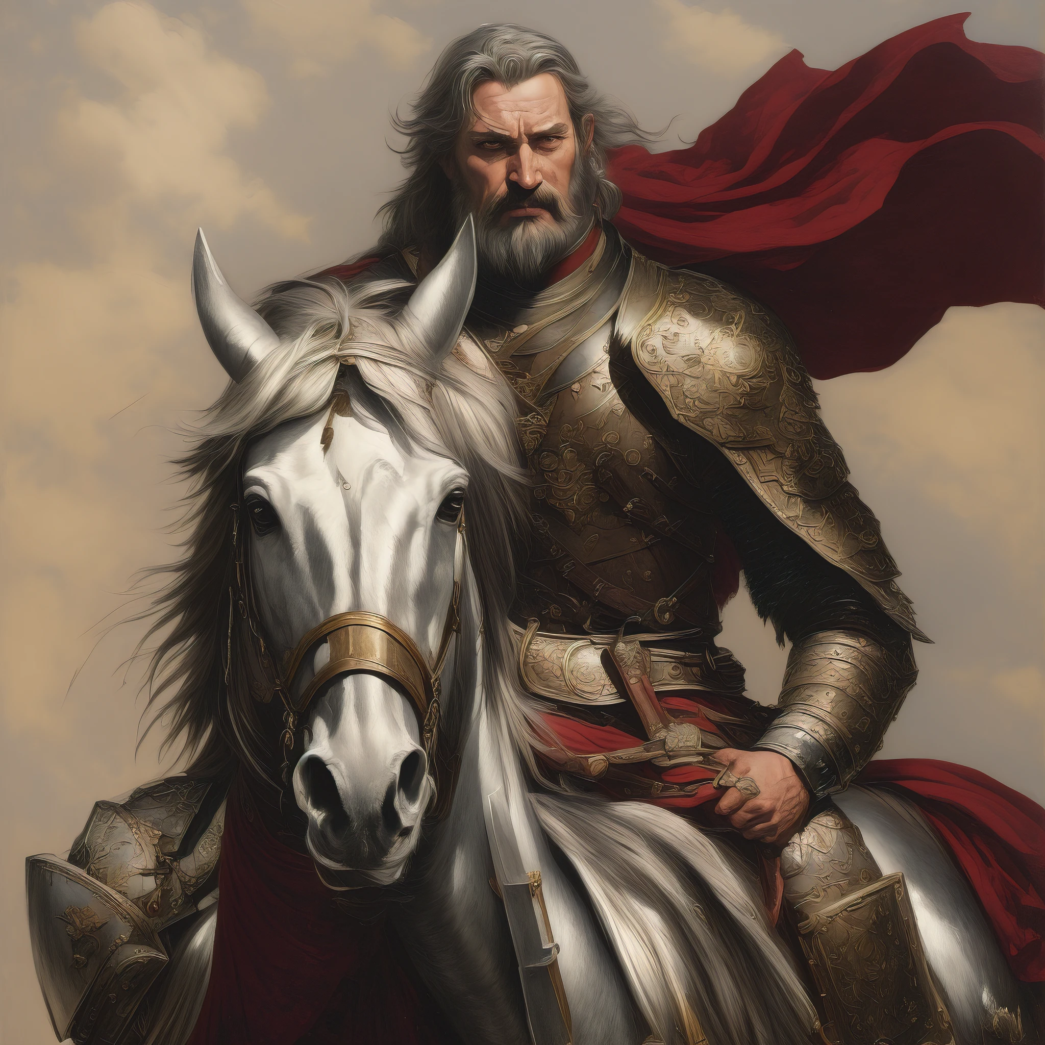 painting of a man in armor riding a horse with a sword, painted portrait of rugged odin, genghis khan, guan yu, magali villeneuve', by Líviusz Gyulai, tuomas korpi and wlop, gwyn, style of donato giancola, by Donato Giancola, dragonlance illustration