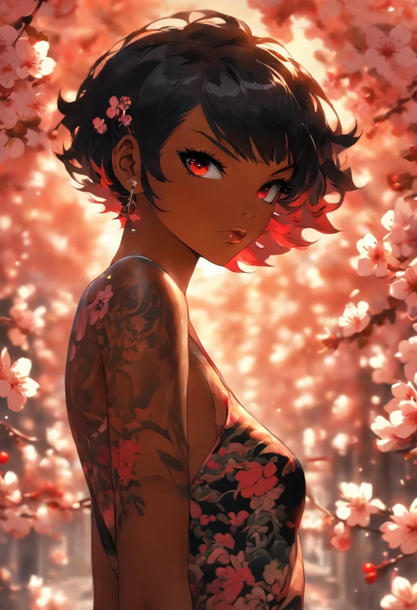 The most beautiful and sexy girl, short black haircut, red eyes, dark skin, beautiful and highly detailed, tattoos and piercings, mature female, cherry blossoms blowing in the wind , perfect masterpiece, high quality, high resolution