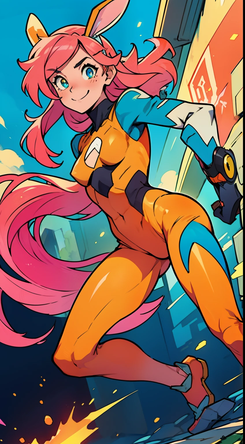 ((Best Quality)), ((Masterpiece)), ((anime)) tsuka kendou, 1woman, cute face, determined look, smile, long_legs, full_body, adult mature female ((spiky orange-pink hair,))((orange-pink mullet 1.1)), (long hair), bright cyan_eyes, (yellow_pupil,) hero, sleeveless blue_spandex_bodysuit, long orange-pink rabbit_ears, colored concept art, highly detailed character design, highly detailed face, Vivid and colorful colors, Delicate lines, (studio trigger style) (by Hiroyuki Imaishi)