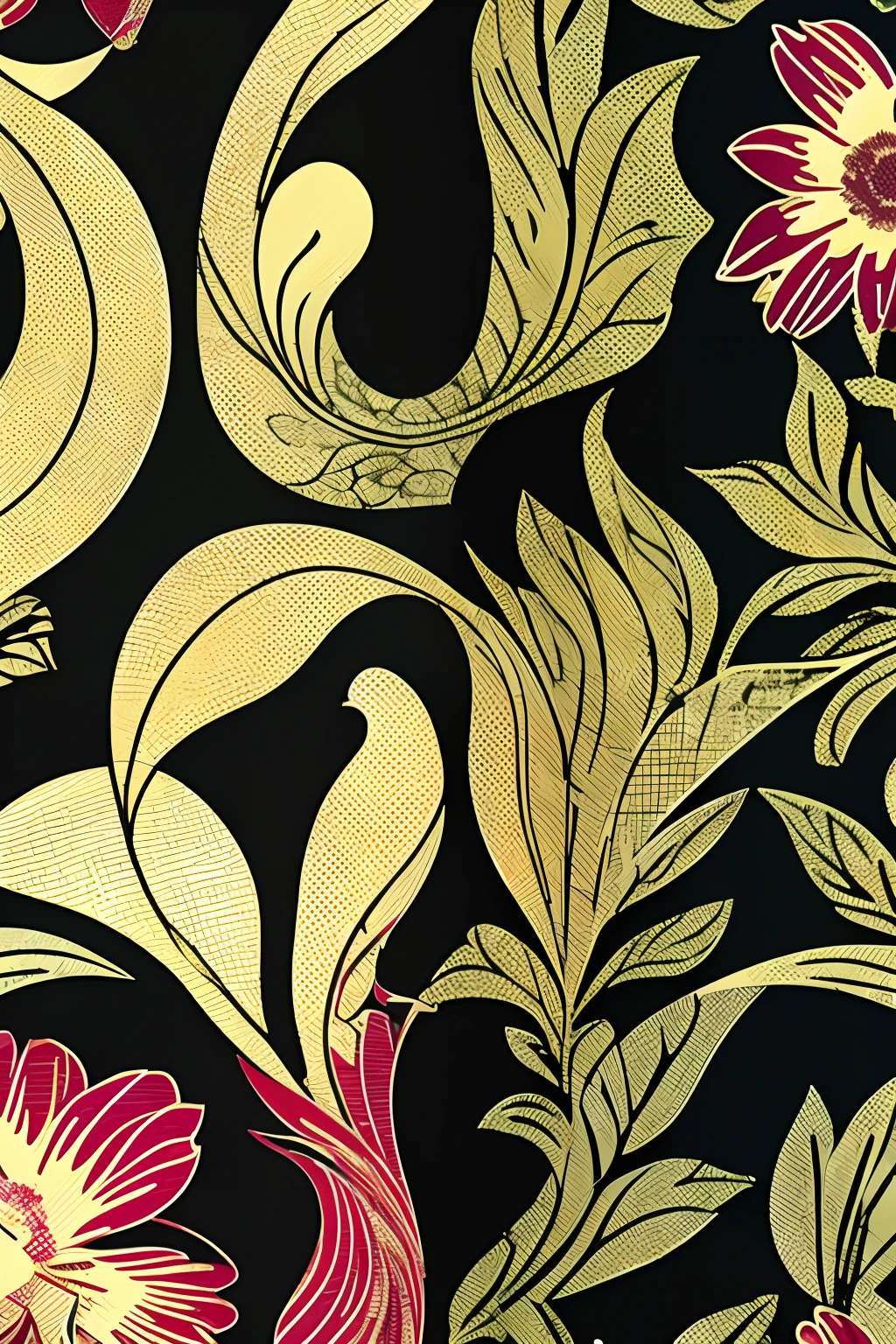 Seamless patterns, Step-repeating pattern design, fabric art, Flat illustration, vectorial, 4K, Art Station, line work,aquarelle,digital print, highly detailed cleaning, Vector image, Photorealistic masterpiece, Professional photography, wildflowers, Flat background, isometry, Bright vector, Dark background,China-style,Painted lip design,intricate image, Gold-plated silk fabric, golden colored,Flat pattern,plan,Graphic design,Cheongsam pattern,Qipao photo,the detail,large painting,Fine-grained,Chinese pattern,Meticulous,Wallpapers,abstracted,the wallpaper,the wallpaper,Flat pattern,lichen,abstract paintings,Wallpapers,red colour,blossoms,leafs,Meticulous,Map,Texture,grain,abstract artistic,art painting,Golden leaves,Red flowers,flatillustration,Size 1:1,Pattern of leaves and flowers,with black background,Textile design,repeating fabric pattern,textile print,Seamless,Background with,Printing,background-image,empty of people,on cheongsam,Pattern on the ANA cheongsam,Larger textures,Fine pattern,Repeating pattern