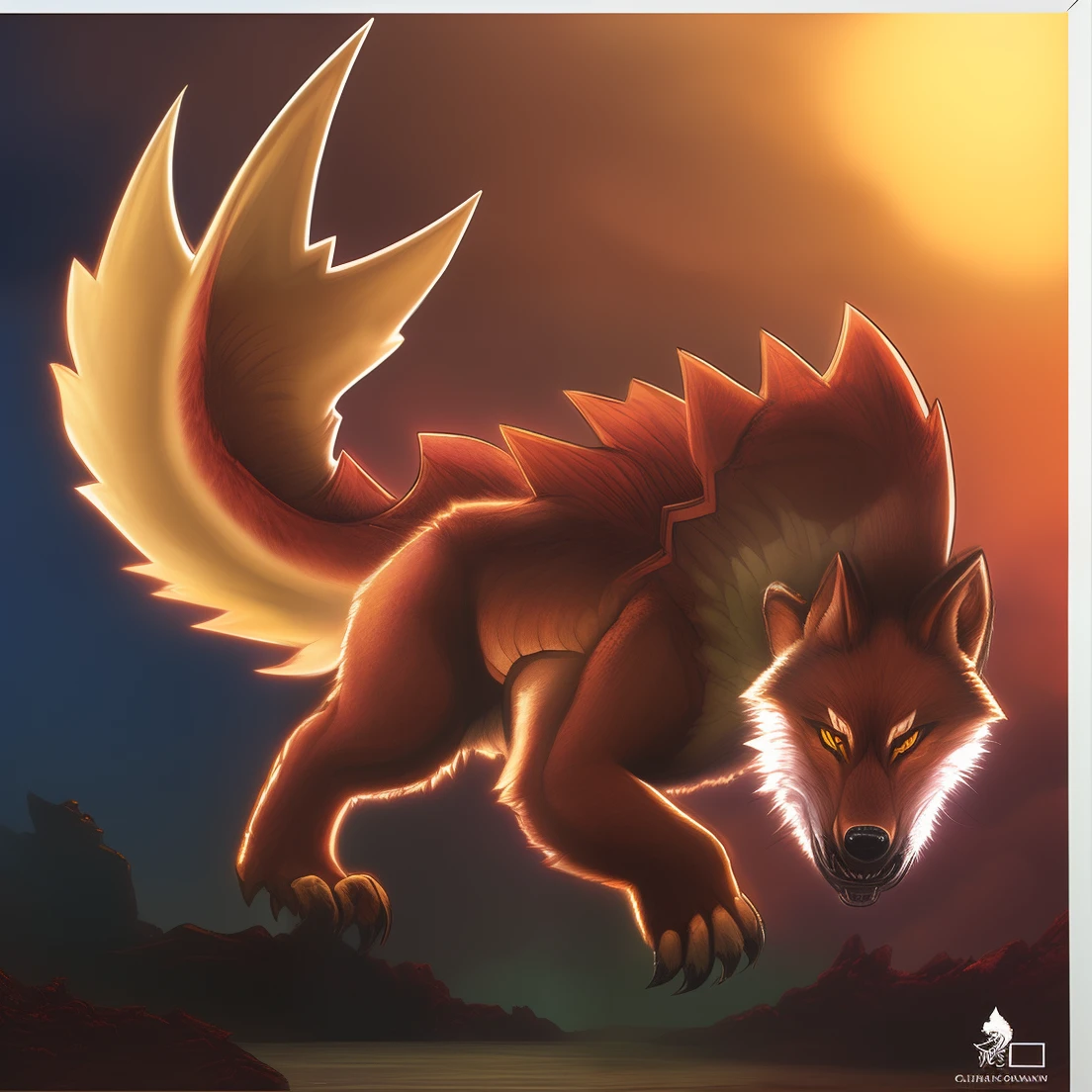 um desenho de um Lobo Grande Marrom com grandes garras, monster hunter monster, arte do Lobo do antro, como um monstros badass, conceito de Lobo de corpo inteiro, Lobo Peludo vermelho, Lobo de fogo, but as an anthropomorphic Wolf, Mizutsune, arte conceitual da criatura da fantasia, d&d commision art dragon, Tarragon Vore Arte