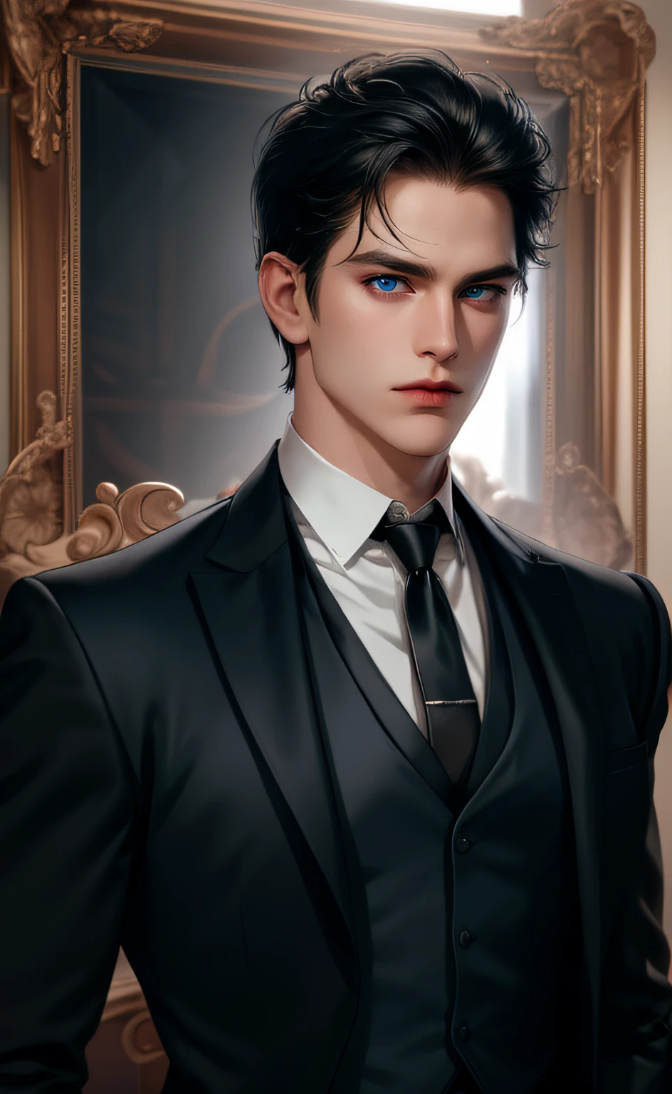 (masterpiece,best quality,ultra_detailed,highres,absurdres),1 mature male, 30-ish, (wide shoulder), (muscular), male focus, solo, black hair, chain, shirt, black necktie, necktie, simple background, blue eyes, upper body, vest, short hair, looking at viewer, parted lips, collared shirt, round eyewear, long sleeves, black shirt, black vest, monocle, jewelry, lawyer, court background.