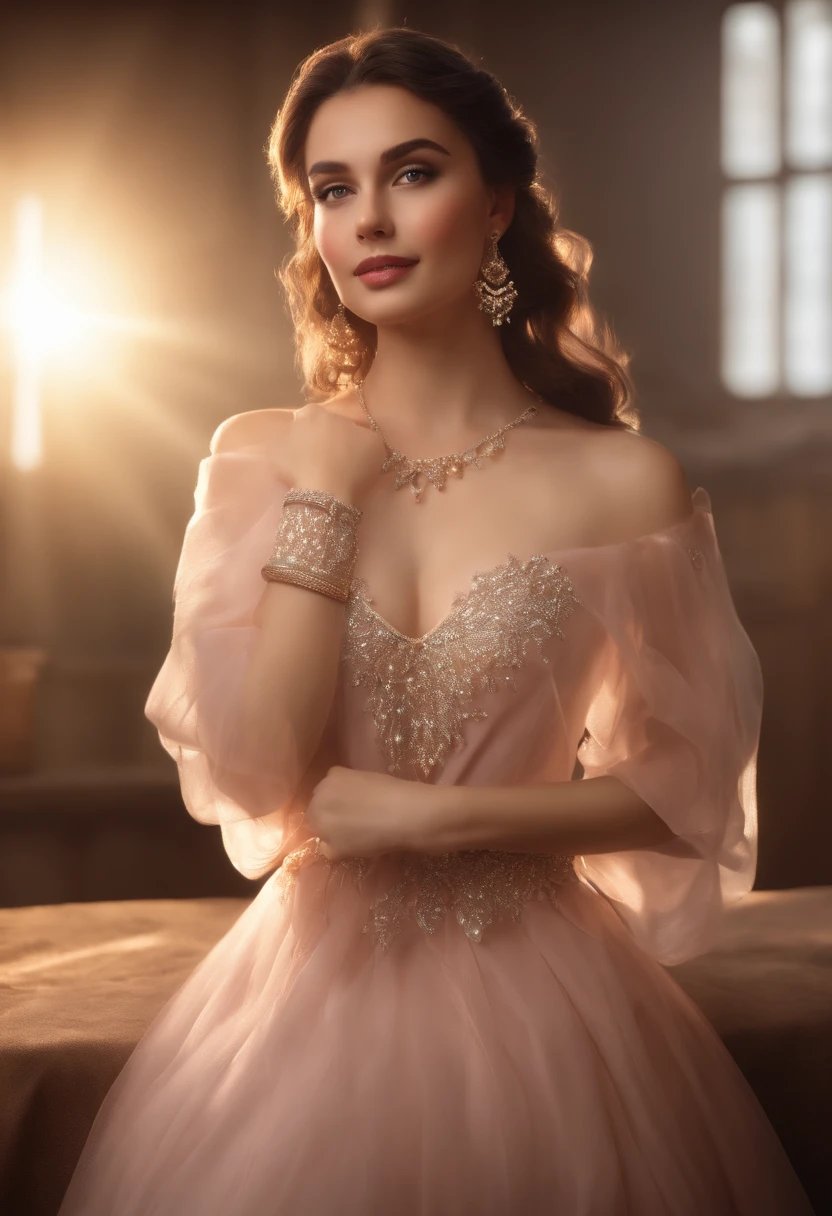 Superb Quality, Masterpiece, High Resolution, 1Girl, Blush, (Seductive Smile: 0.8), Star Pupil western girl, Hair Accessories, heavy bust, Necklace, Jewelry, Beauty, on_body, Tyndall Effect, Realistic, Shadow Room, Light Edge, Two-tone Lighting, (High Detail Skin: 1.2), 8K UHD, SLR, Soft Light, High Quality, Volume Lighting, Candid Photo, High Resolution, 4K, 8K, Background Blur, Real Person