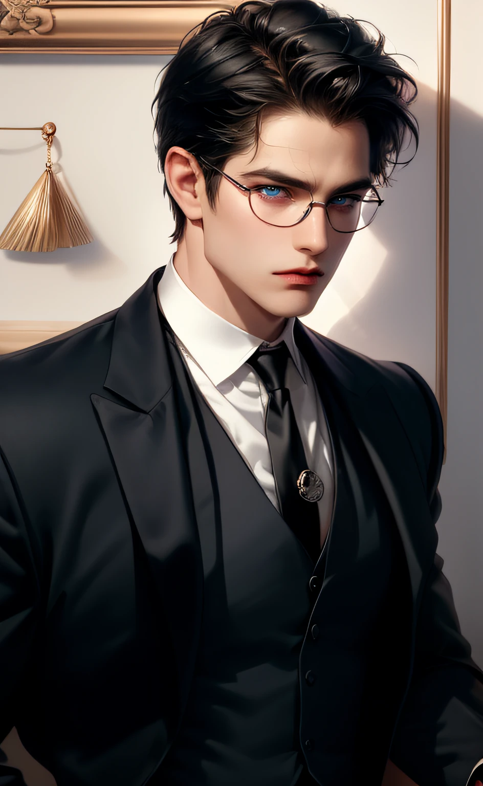 (masterpiece,best quality,ultra_detailed,highres,absurdres),1 mature male, 30-ish, (wide shoulder), (muscular), male focus, solo, black hair, chain, shirt, black necktie, necktie, simple background, blue eyes, upper body, vest, short hair, looking at viewer, parted lips, collared shirt, round eyewear, long sleeves, black shirt, black vest, monocle, jewelry, lawyer, court background.