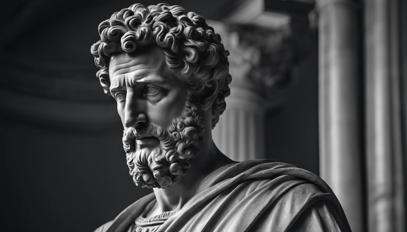 a portrait statue of the stoic Marcus Aurelius in black and white 4K,Face de lado, papel de parede super realista