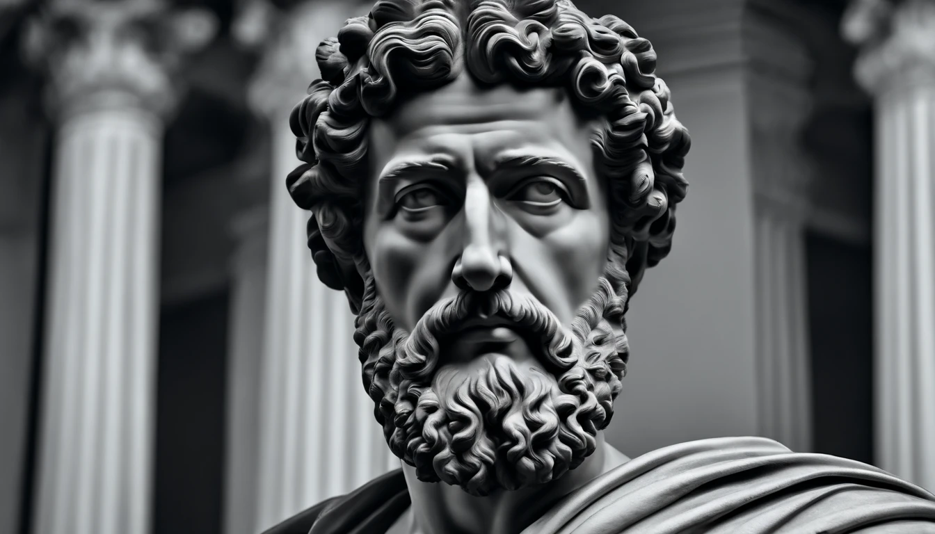 a portrait statue of the stoic Marcus Aurelius in black and white 4K,Face de lado, papel de parede super realista