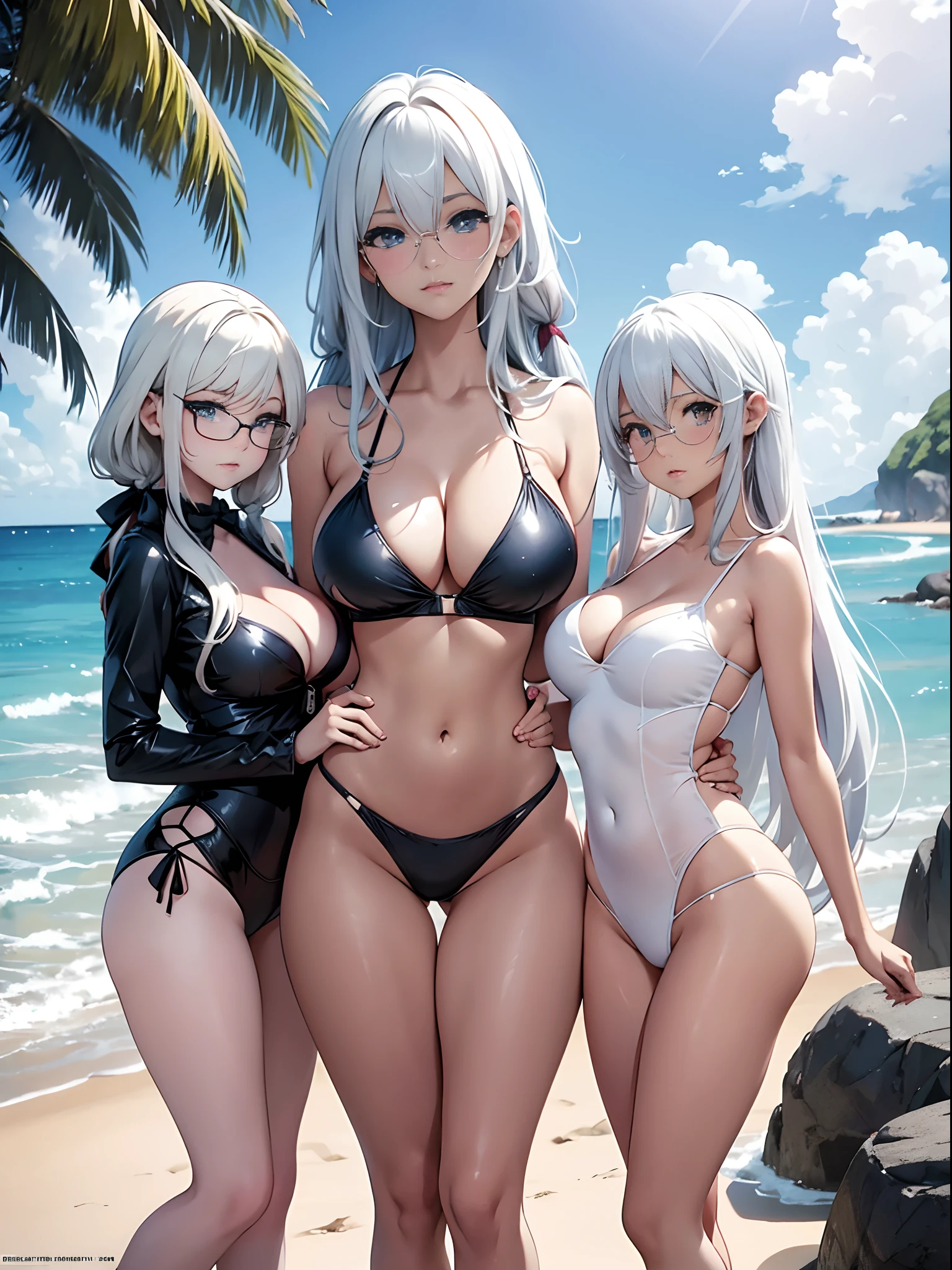 Three beautiful fair-skinned women in bikinis pose for a group photo on the beach, seductive anime girls, beautiful and seductive anime woman, Guviz-style artwork, Perfect white haired girl, Guviz, Beautiful anime girl, ross tran. scenery background, in beach, Beautiful anime woman, trending on artstation pixiv, Extremely detailed Artgerm, Beautiful anime beauty，Extra-large big breasts，Blush，Perfect body slim curves，8K romantic art photos，