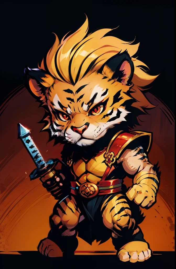 1young tiger, baby face tiger ,chibi, anthropomorphic, golden fur, big red eyes, warrior with armor and one sword, character 1:1, dynamique pose, simple dark background