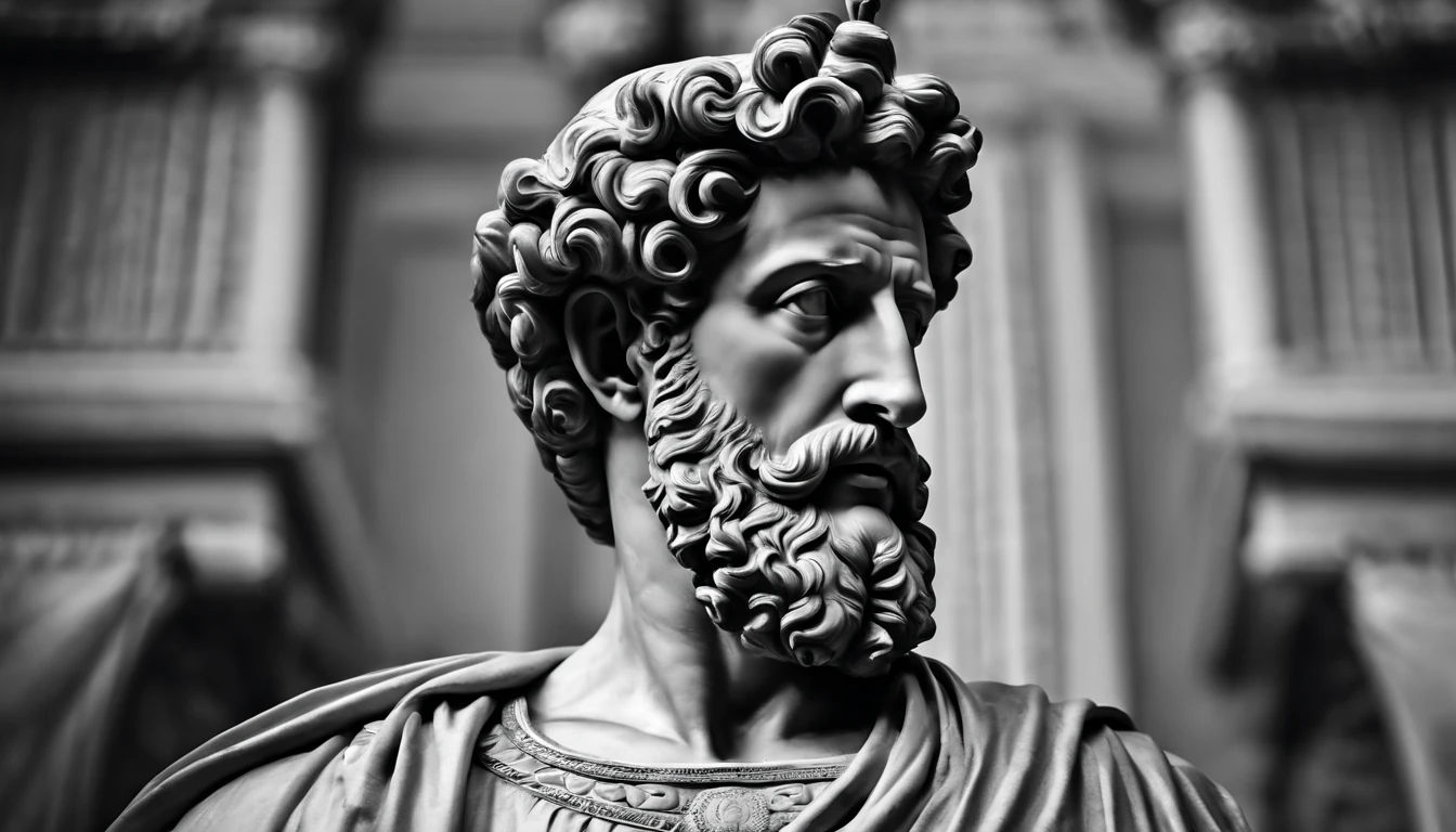 a portrait statue of the stoic Marcus Aurelius in black and white 4K,Face de lado, papel de parede super realista
