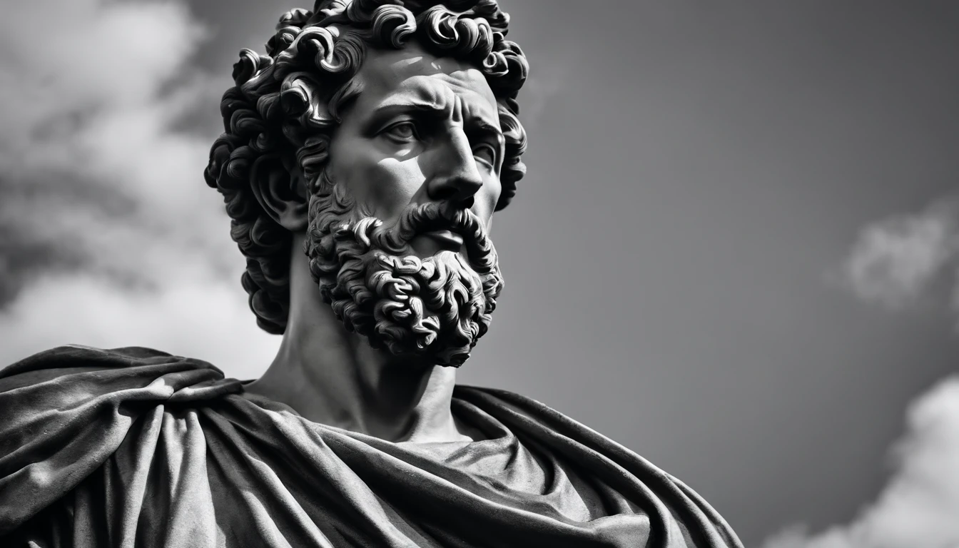 a statue of the stoic Marcus Aurelius in black and white 4K,Face de lado, papel de parede super realista, corpo forte, sem camisa, tronco forte, barriga forte