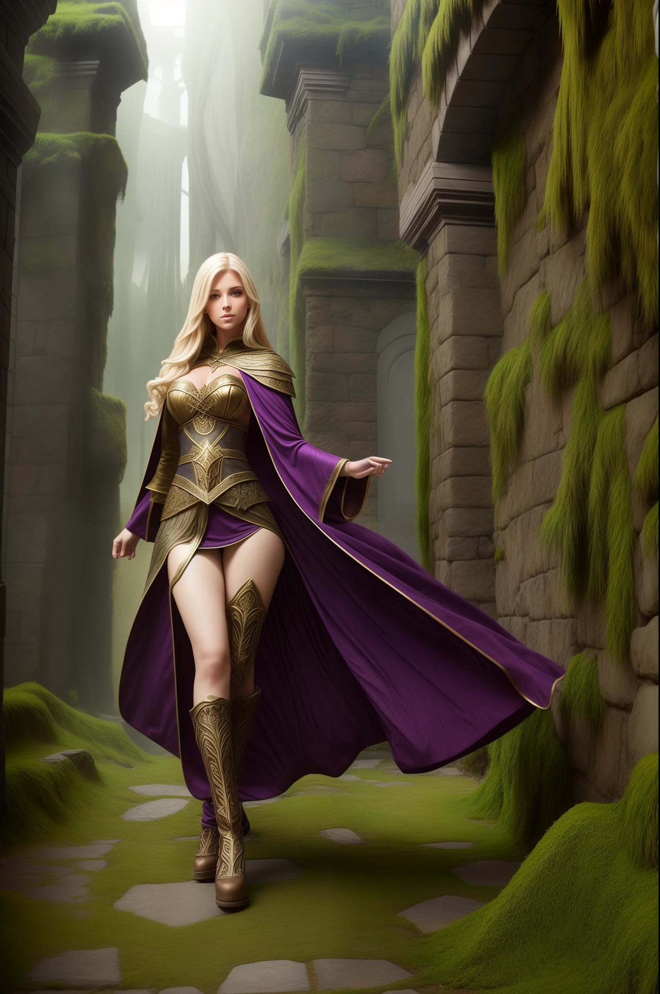 full body shot, 1girl, fantasy sorceress, mage robe, leg slit, blonde, legs, mossy stone walls in background,