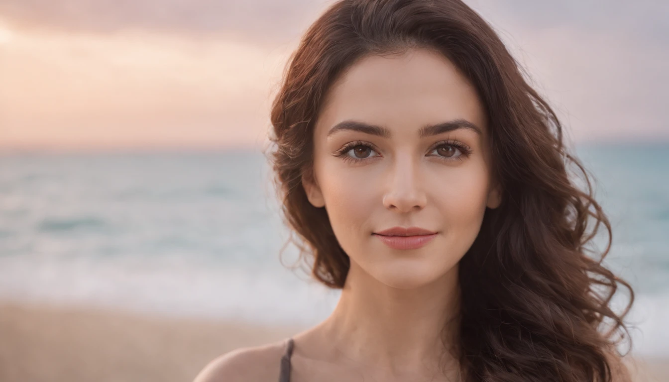 1 adult woman, long hair, curly hair, black hair, smooth skin, brown eyes, smiling, Occasional, sexy clothes, with background in a slightly blurred on the beach, super realistic 8k, super detailed and realist