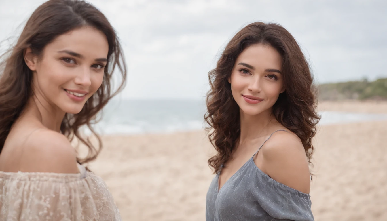 1 adult woman, long hair, curly hair, black hair, smooth skin, brown eyes, smiling, Occasional, sexy clothes, with background in a slightly blurred on the beach, super realistic 8k, super detailed and realist