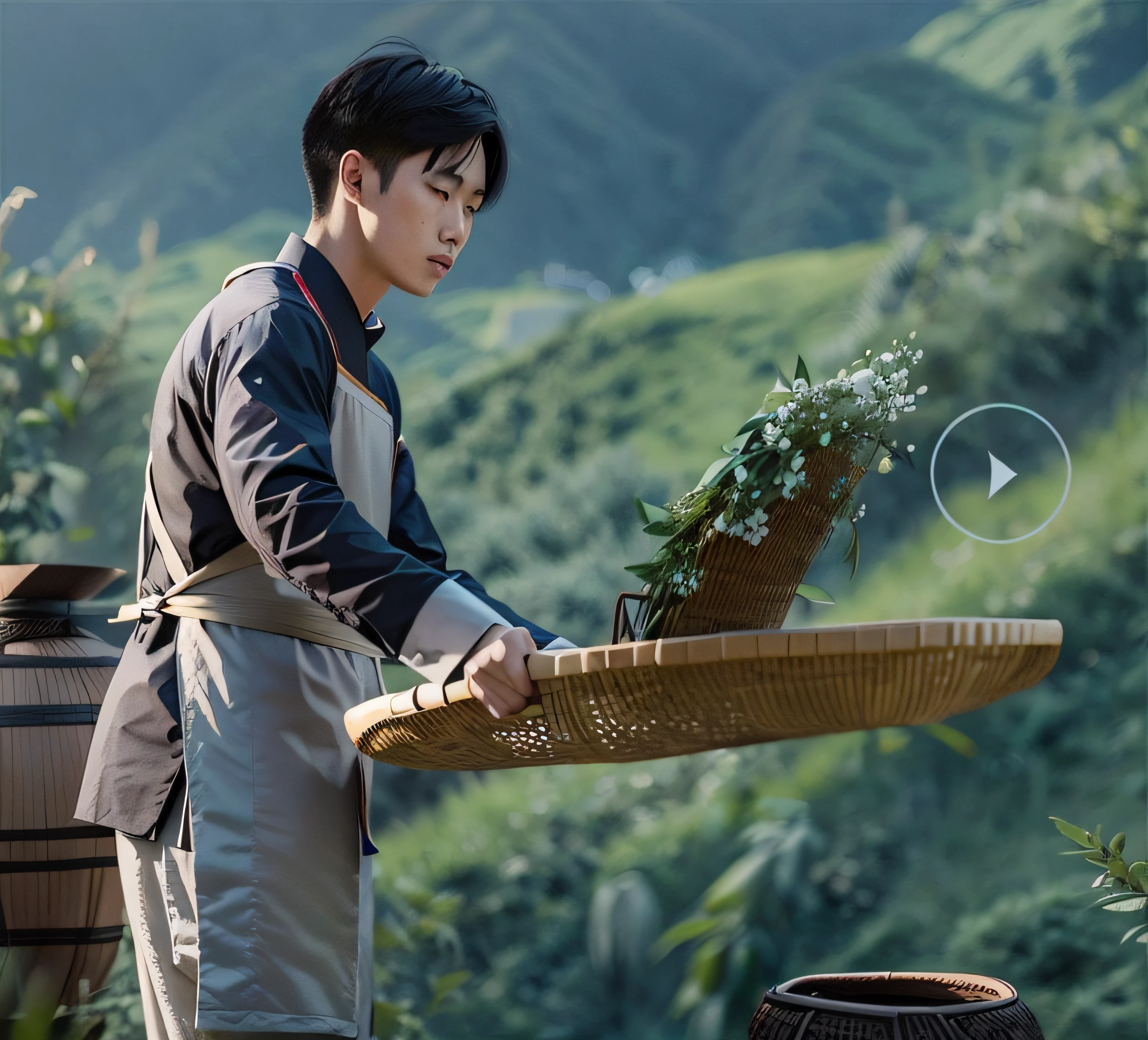 A man in modern Chinese clothing，Young men，full bodyesbian，Hold the bamboo basket with your hands，Turn the tea leaves，full bodyesbian，Lateral face，Bend slightly，zona rural，Behind him is a bamboo basket，It was filled with tea leaves, A beautiful artwork illustration