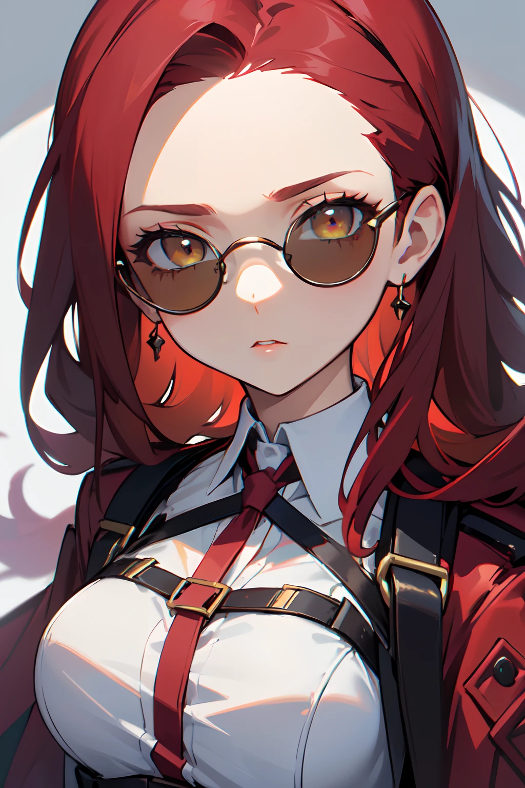 1girl, young woman, solo, long hair, big hair, (forehead:1.2), (round sunglasses:1.19), yellow eyes, (scarlet red hair), medium breasts, neutral, red lipstick, (overcoat, black coat, open coat:1.2), white shirt, collared shirt, (chest harness, shoulder strap:1.15), black leather shorts, garter belt, gloves, from below, elegant, looking at viewer, standing, chromatic aberration, (close-up to face:1.3), face only masterpiece, best quality, 4k