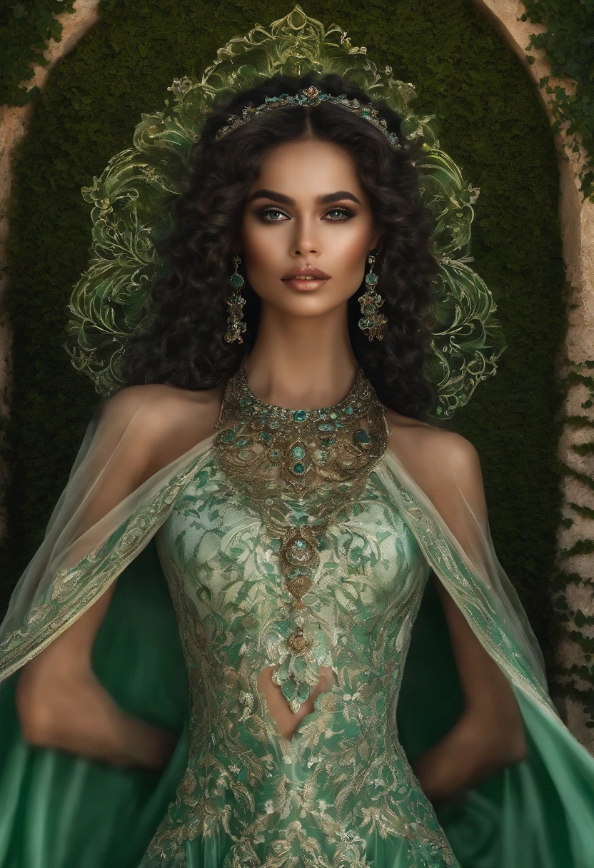 1girl, sozinho, olhos verdes, cabelos pretos, vestido branco, cabelos muito longos, valkyrie, ornamento de cabelo, sorriso leve, corpo inteiro, retrato completo.