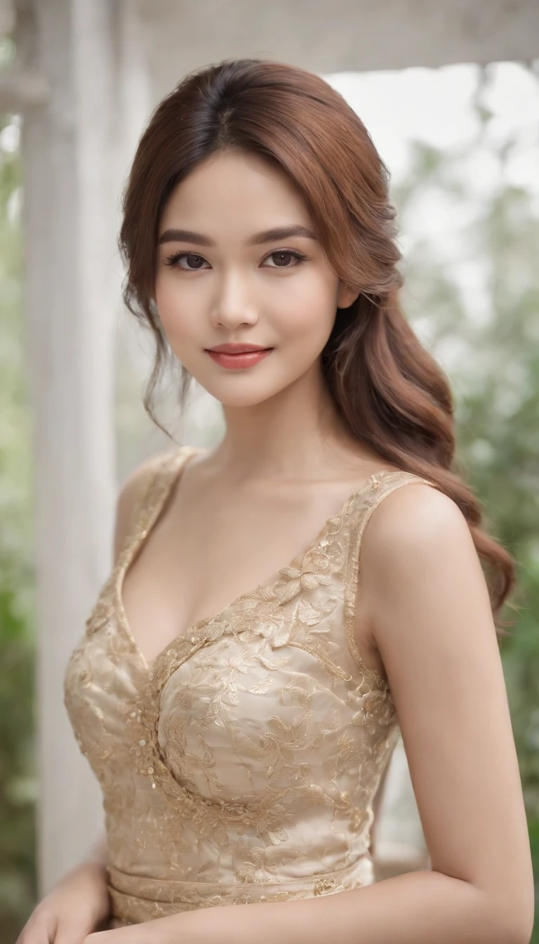 myth,argent,kebaya,Scroll,batik,sleeveless, treasure,universe, face the camera, smile, 19 year old girl, cute girl, beautiful girl, indonesian model, white healthy skin, delicate eyes, tied-up hair, jewelry earrings, gold tiara, full body photo, (sexy body), (expose breast), product photo shot, nsfw, topless, gorgeous boobs, Open clothes.