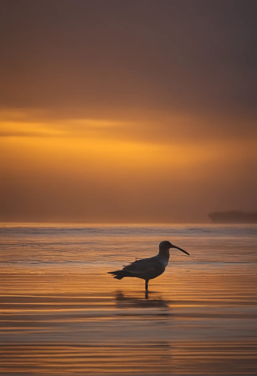 Peaceful scenery at dawn, Soft golden tones depict the horizon where birds are flying, Image in 2560 x 1440 pixel format