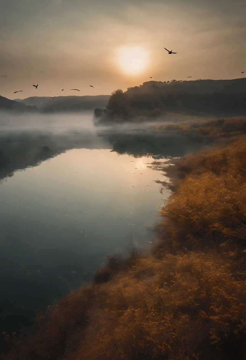 Peaceful scenery at dawn, Soft golden tones depict the horizon where birds are flying, Image in 2560 x 1440 pixel format