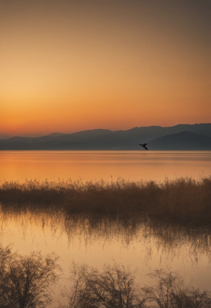 Peaceful scenery at dawn, Soft golden tones depict the horizon where birds are flying, Image in 2560 x 1440 pixel format