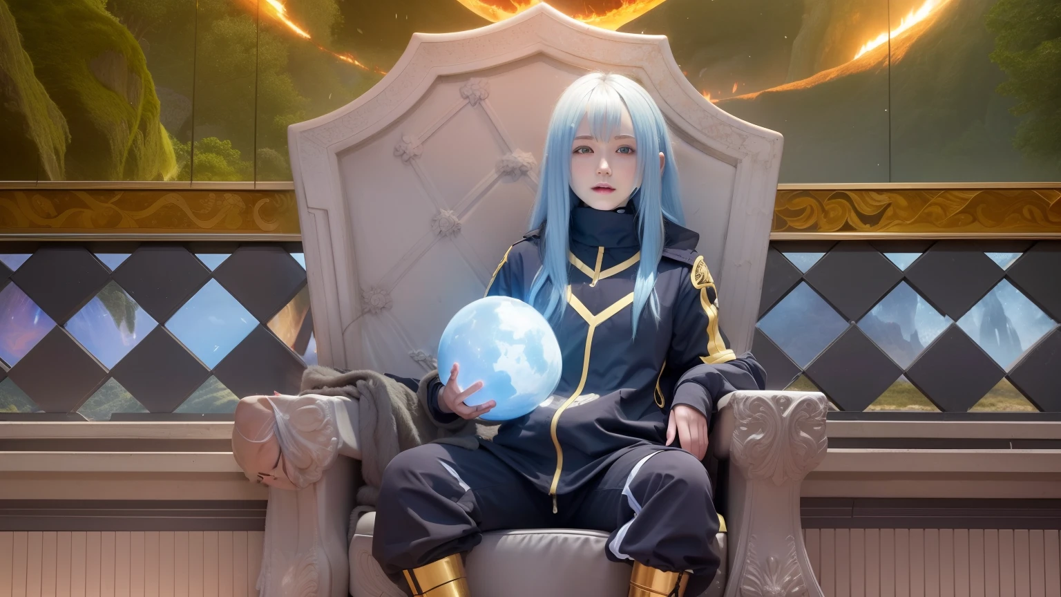 1girl, rimuru tempest, High detail, clarity, 8kk, Throne of Fire, young guy, 18 years old, light gray hair, short haircut, yellow eyes, climbs steps from fire to throne, fiery lava, realism, fantasy, rimuru tempest, long blue hair, sweat face, sweat smile