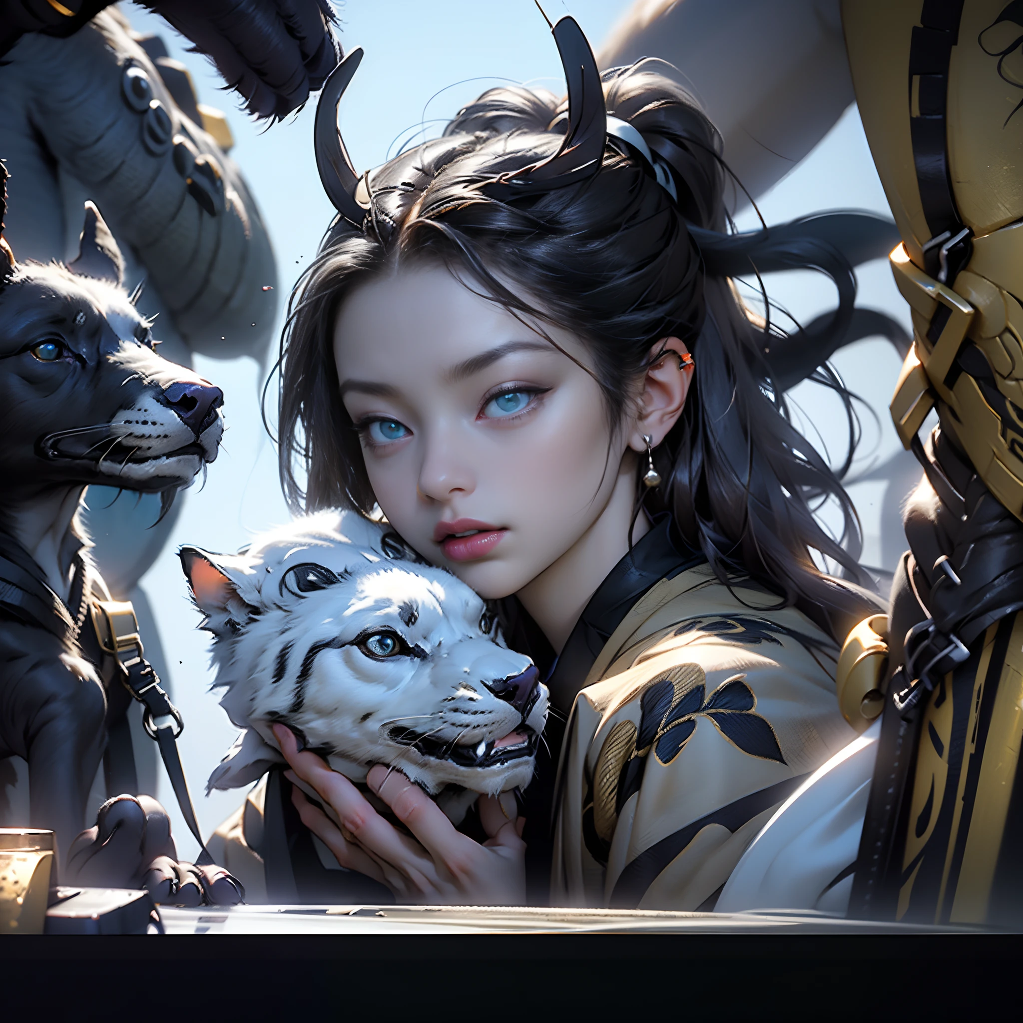 Luxury kimono(Black kimono(Detailed golden embroidery,Purple band))、odd eye、watching at viewers,Background: Blue sky of Kyoto(Walk along the dimly lit roads of the riverbank.:1)、Ponytail, Shiny hair, Full body, Mismatched pupils, Hyper-Realism, Verism, Realism, depth of fields, Cinematic lighting, Wide Shot, F/16, nffsw, high details, High quality, Textured skin, 8K, Best Quality, hight resolution