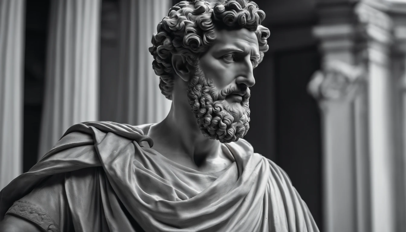 a portrait statue of the stoic Marcus Aurelius in black and white 4K,Face de lado, papel de parede super realista, corpo inteiro, corpo forte, musculoso, forte