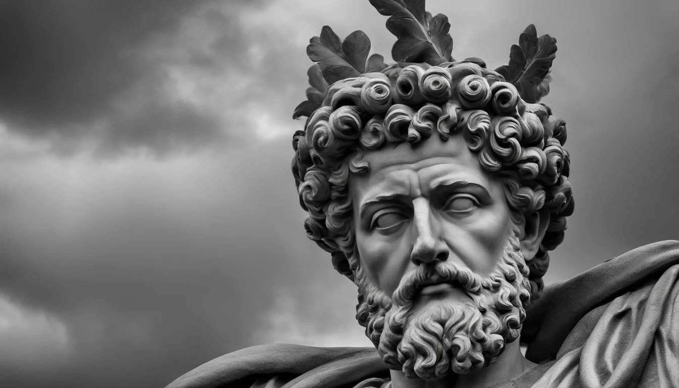 a portrait statue of the stoic Marcus Aurelius in black and white 4K,Face de lado, papel de parede super realista, corpo inteiro, corpo forte, musculoso, forte