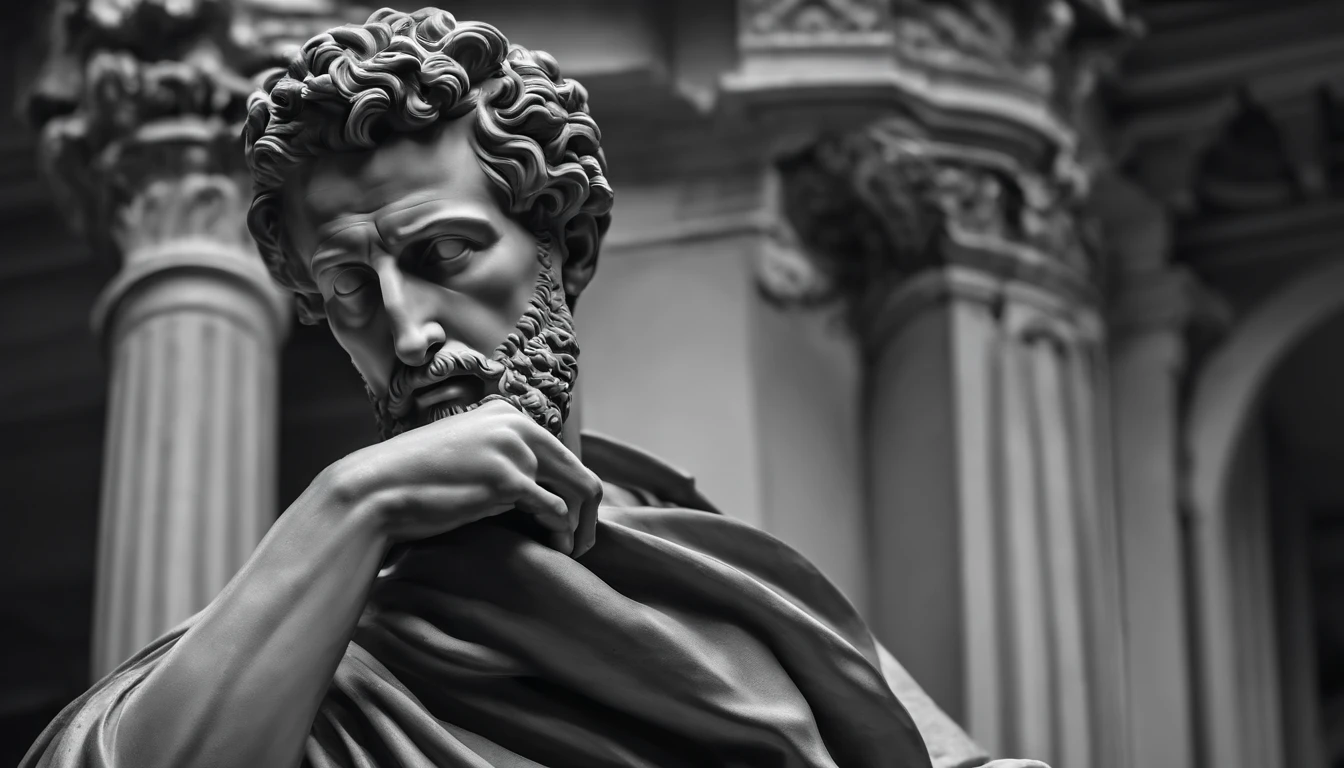 a portrait statue of the stoic Marcus Aurelius in black and white 4K,Face de lado, papel de parede super realista, corpo inteiro, corpo forte, musculoso, forte