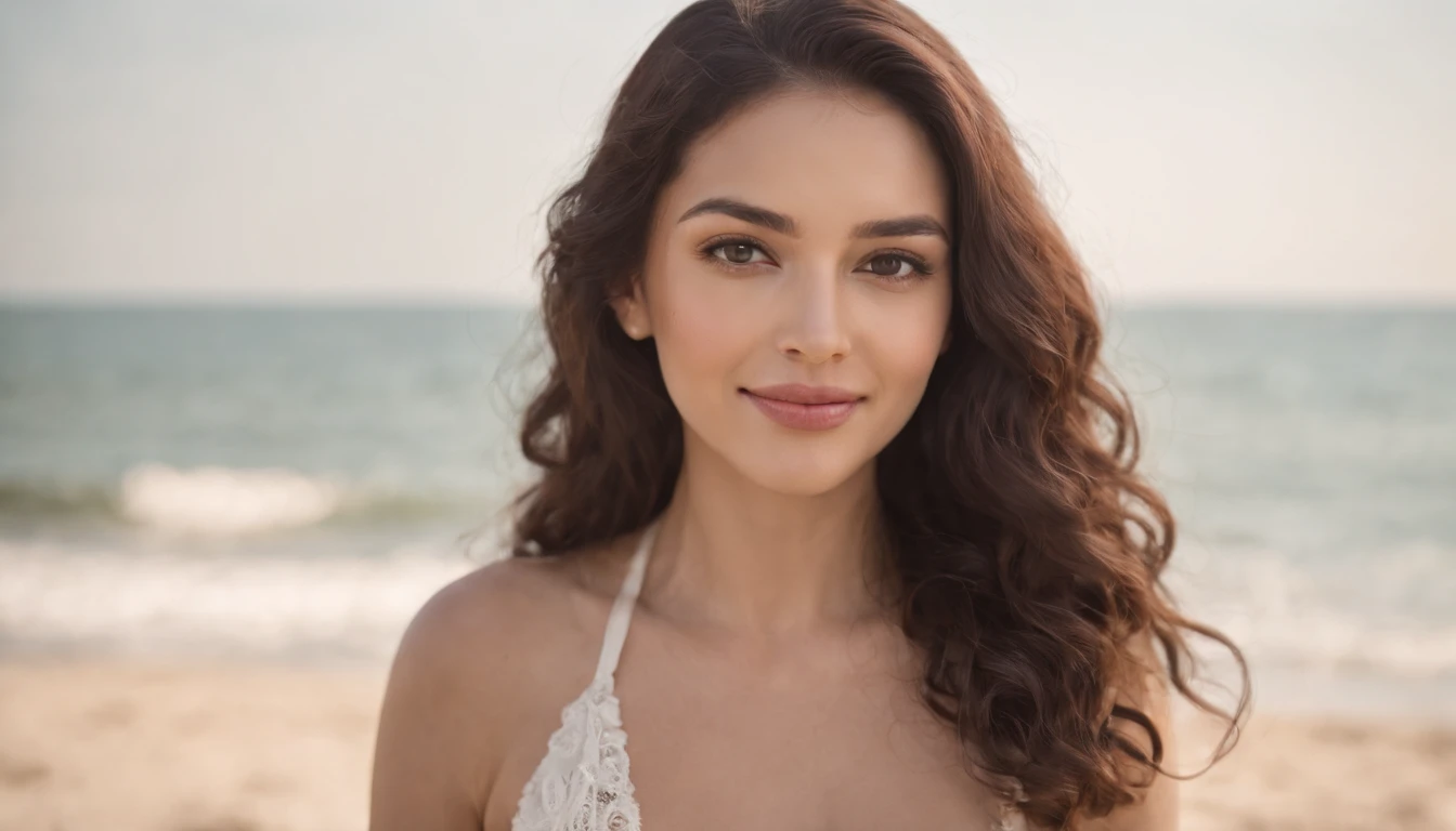 close up 1 adult woman, long hair, curly hair, black hair, smooth skin, brown eyes, smiling, Occasional, sexy clothes, with background in a slightly blurred on the beach, super realistic 8k, super detailed and realist