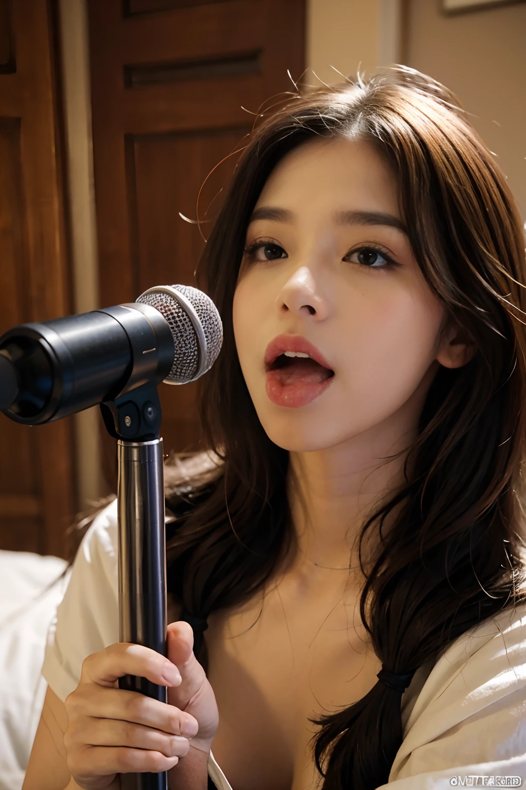 tmasterpiece，best qualityer，Positive face，A girl licks a microphone，huge tit，stooped，looking at viewert，Tongue stock，drools，cropped shoulders