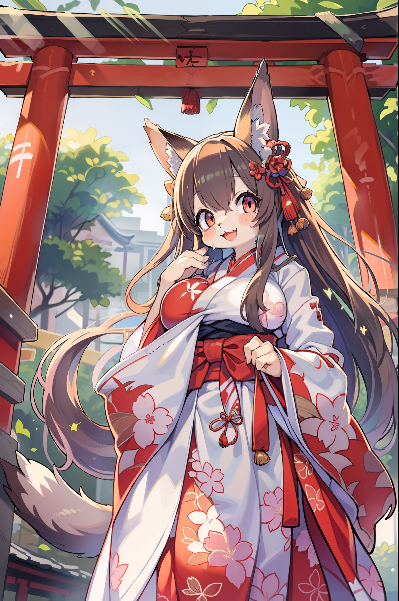 Fox Woman、body covered with fur、huge-breasted、kawaii、shrine maiden、Japan white clothes,Red Hakama、torii gate,summer day、From below、Wide Shot、Very Wide Shot、A big smile、bbw、thick thight、big butts、Ultramammy