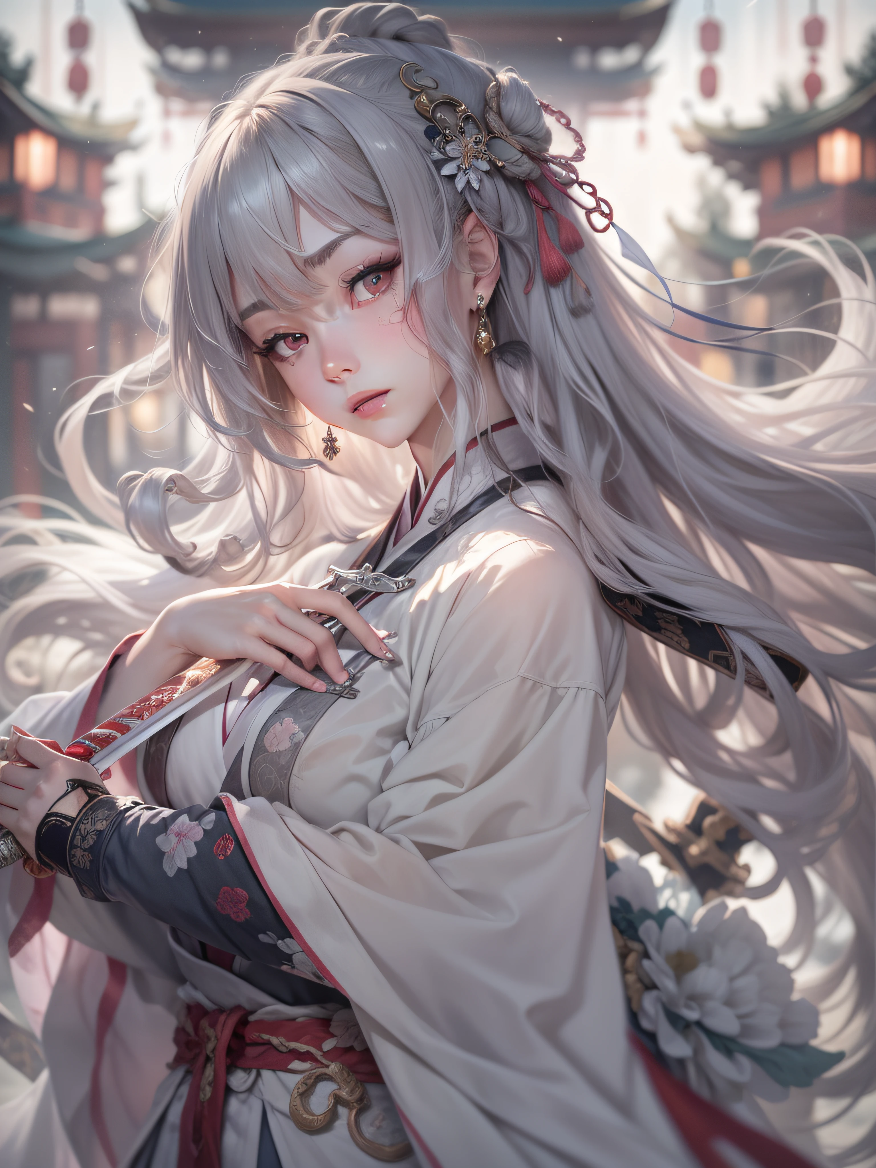 Masterpiece, Best, Night, Full Moon, 1 Female, Mature Woman, Chinese Style, Ancient China, Elder Sister, Royal Sister, Cold Face, Expressionless, Silver White Long Haired Woman, Light Pink Lips, Calm, Intellectual, Three Bangs, Gray Hitomi, Assassin, Long Sword, Swordsman, Fighting, Street View, Facial Details, perfect body, beautiful body