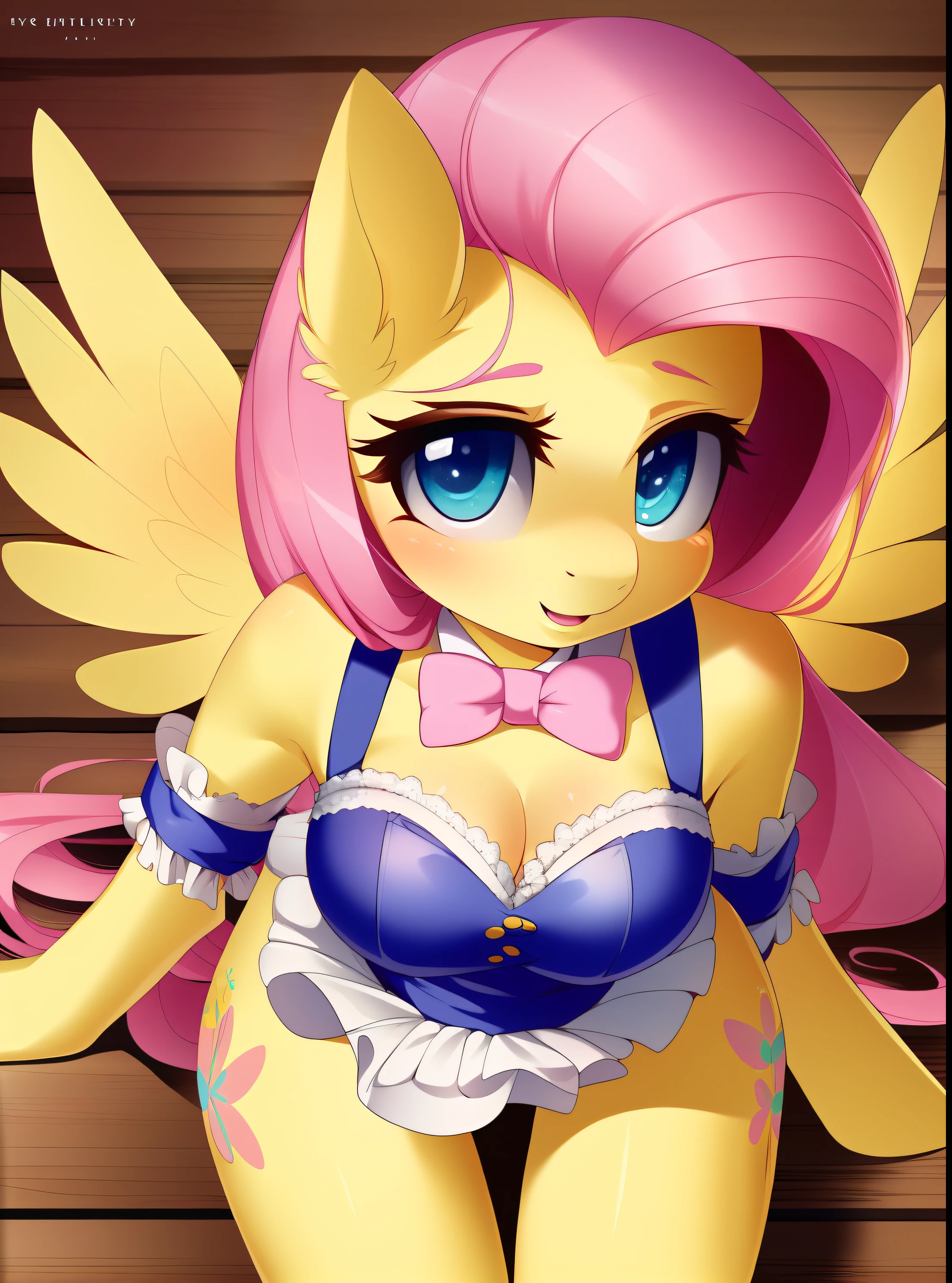 ((derpibooru_p_95)), fluttershy, solo, anthro,((best quality)), ((highly detailed)), masterpiece, (detailed eyes, deep eyes), (1girl), dynamic angle, cowboy shot, mlpfluttershy, pink hair, hair ornament, blue eyes, slight smile, yellow fur, anthro, mlp furry, nsfw, ecchi, medium breasts, maid outfit