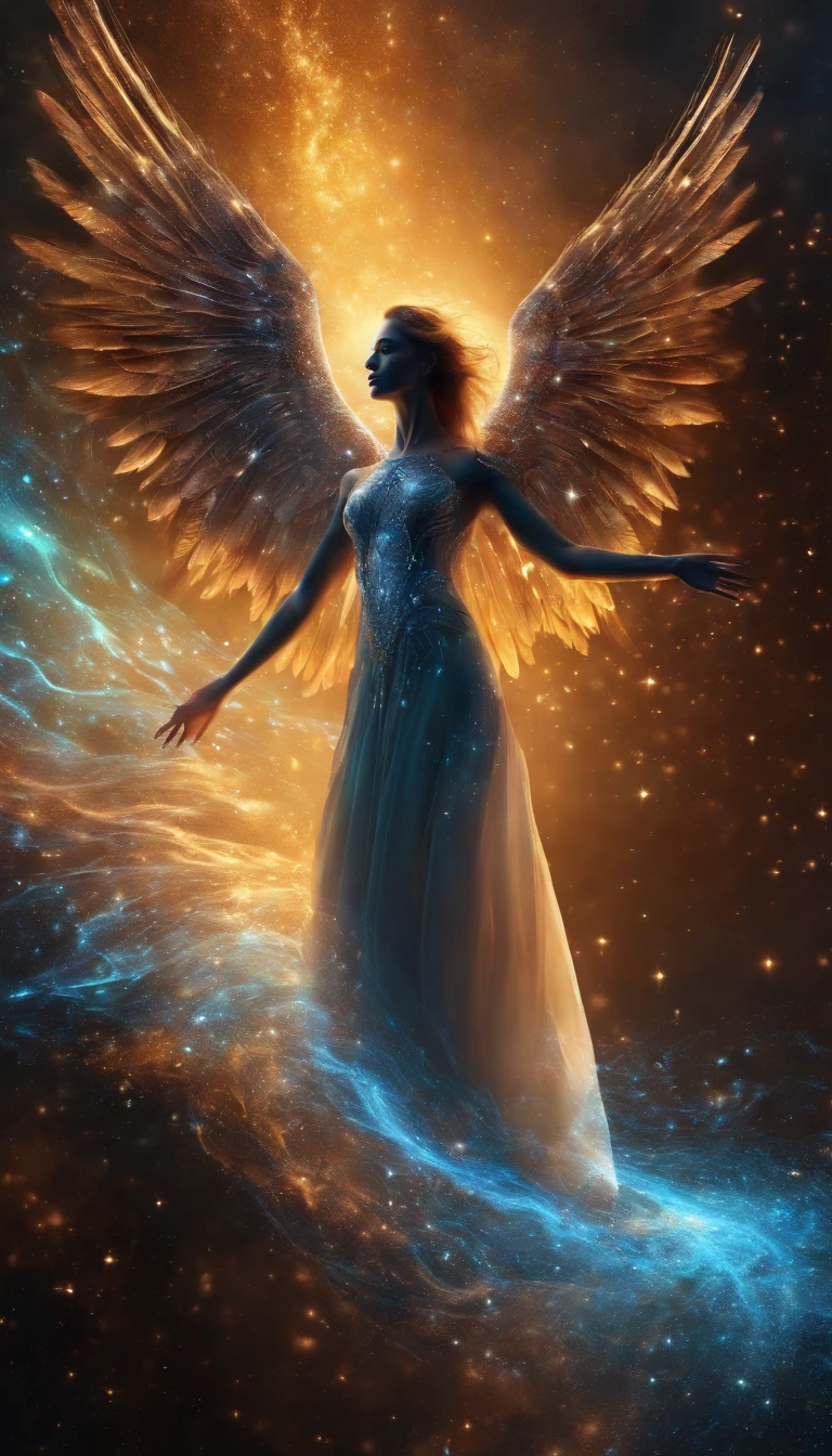 cosmic fallen angel, olhos brilhantes, Biomechanicals, maravilhoso, assustador, pesadelo, The colors are very bright., light particle, Com uma luz brilhante., Mshiff, Arte do papel de parede, Papel de parede UHD