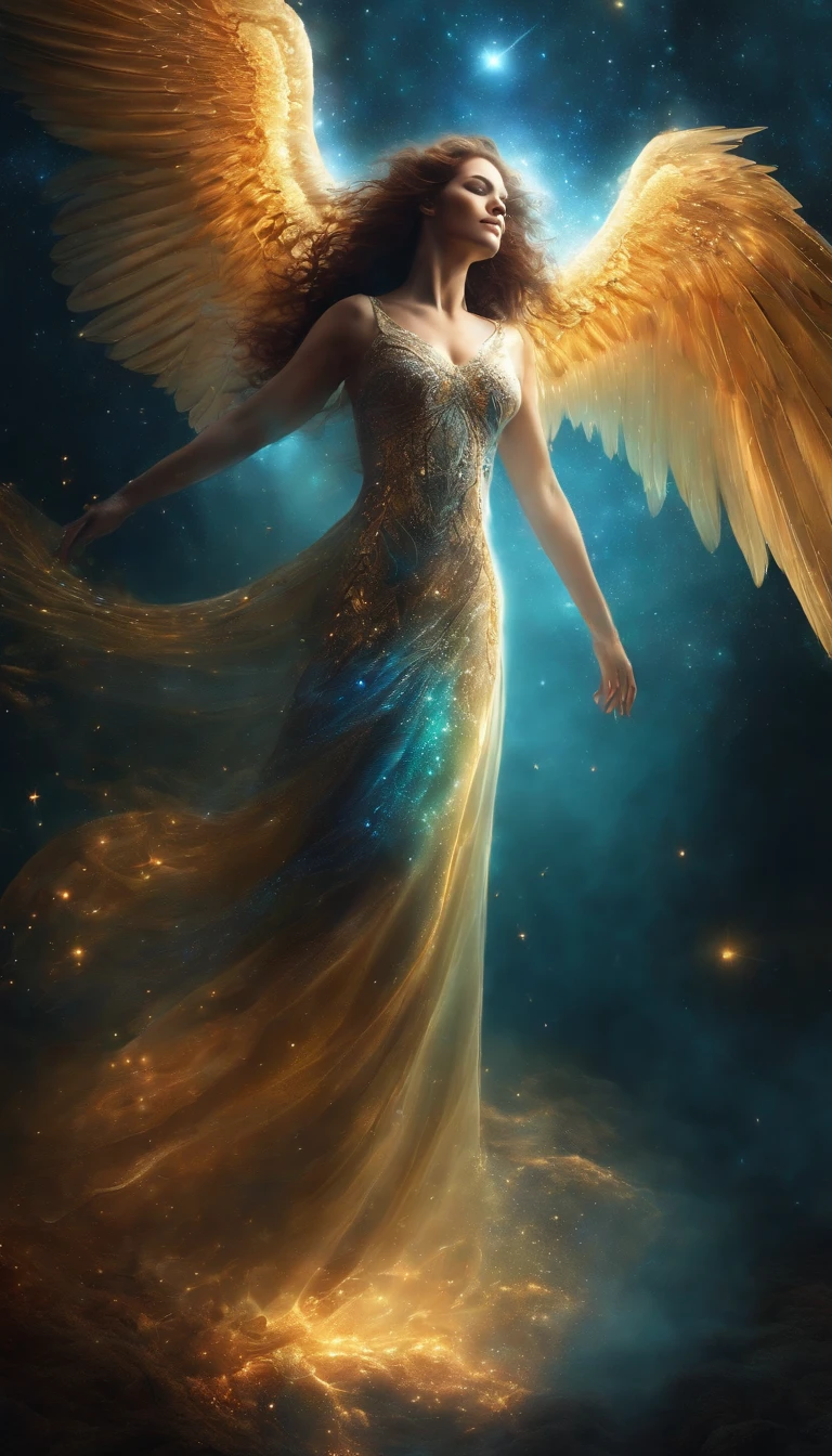 cosmic fallen angel, olhos brilhantes, Biomechanicals, maravilhoso, assustador, pesadelo, The colors are very bright., light particle, Com uma luz brilhante., Mshiff, Arte do papel de parede, Papel de parede UHD