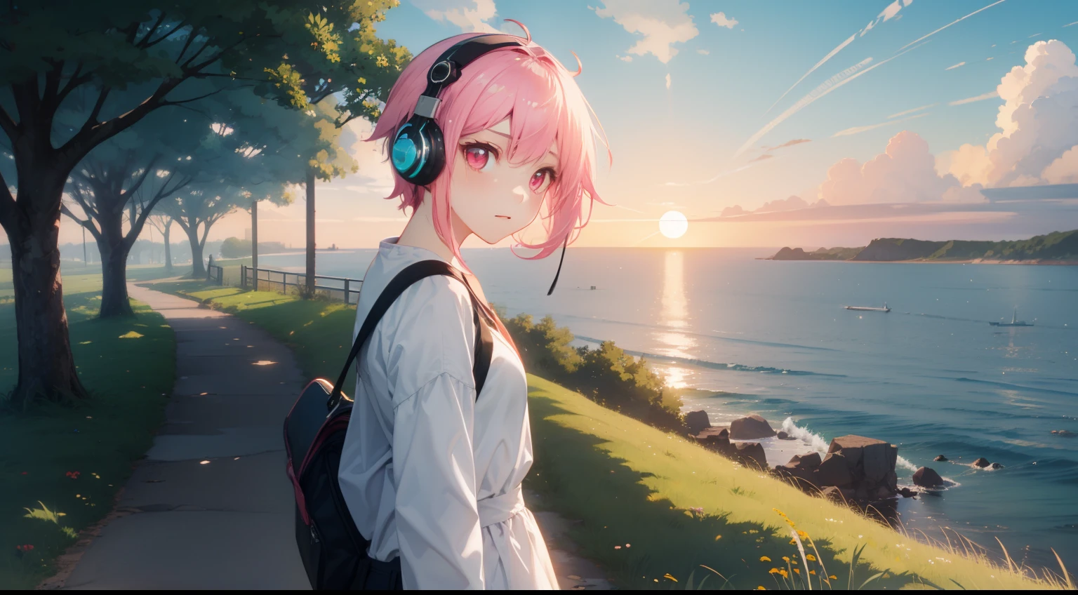 Large grasslands、landscapes、Movie stills、Sea、Sunset in the city(Spark:0.7)、Scenery like Makoto Shinkai、pink shorth hair、Pink eyes、headphones、kawaii