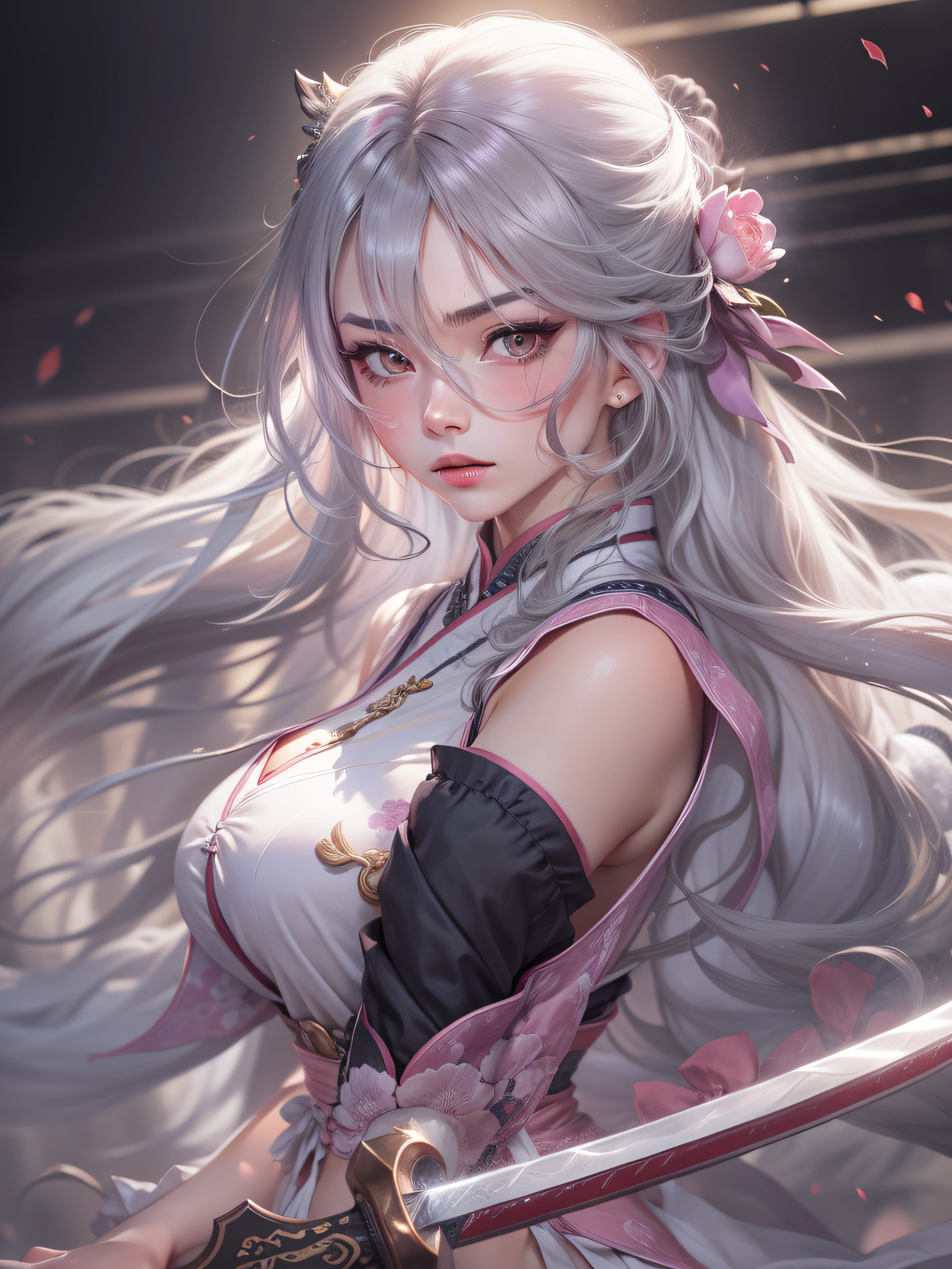 Masterpiece, Best, Night, Full Moon, 1 Female, Mature Woman, Chinese Style, Ancient China, Elder Sister, Royal Sister, Cold Face, Expressionless, Silver White Long Haired Woman, Light Pink Lips, Calm, Intellectual, Three Bangs, Gray Hitomi, Assassin, Long Sword, Swordsman, Fighting, Street View, Facial Details, perfect body, beautiful body