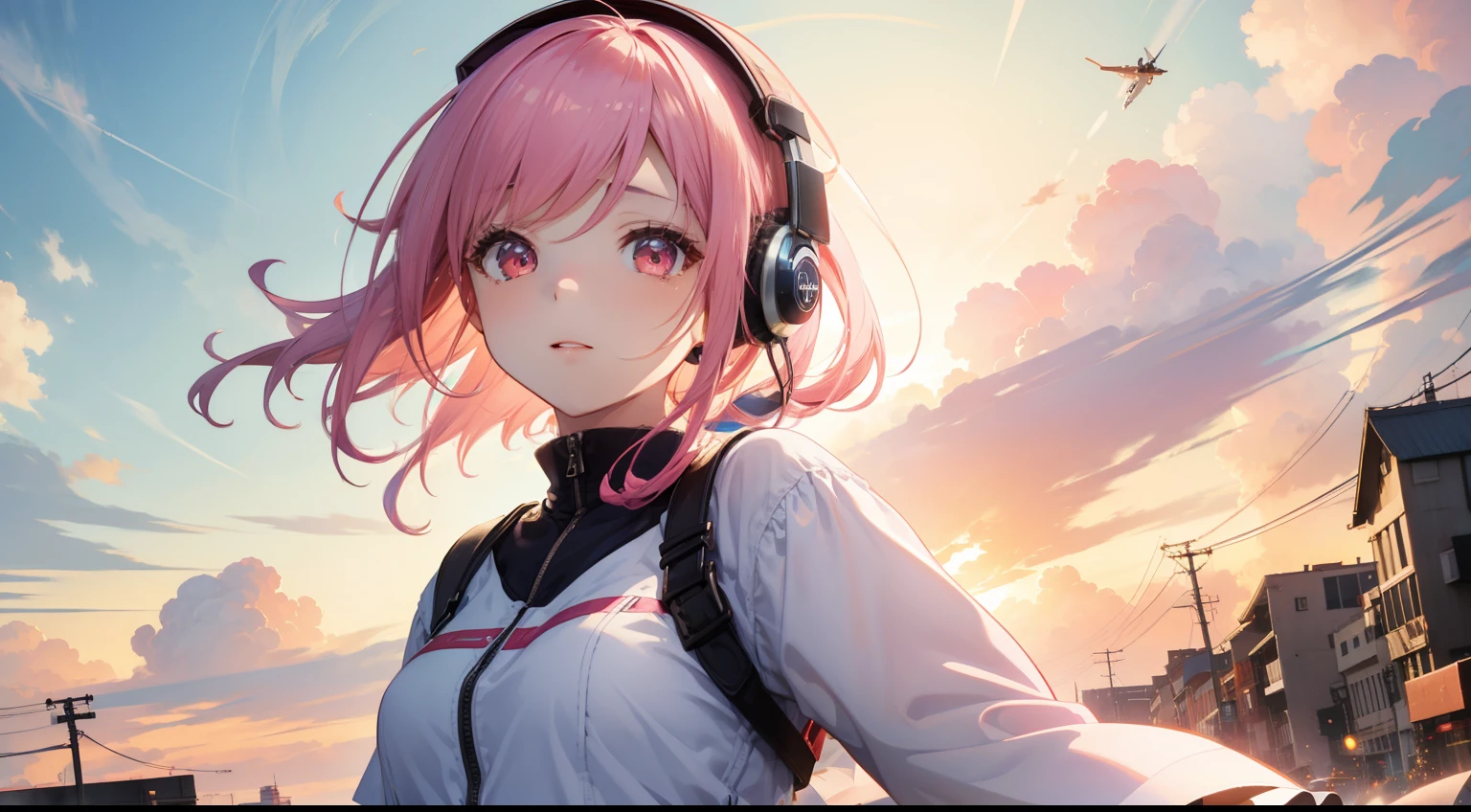 masterpiece、top-quality、Movie stills、1girl、Cloud Girl、floating in sky、pink shorth hair、headphones、with light glowing、happiness、Warm soft lighting、Sunset in the city、(Spark:0.7)