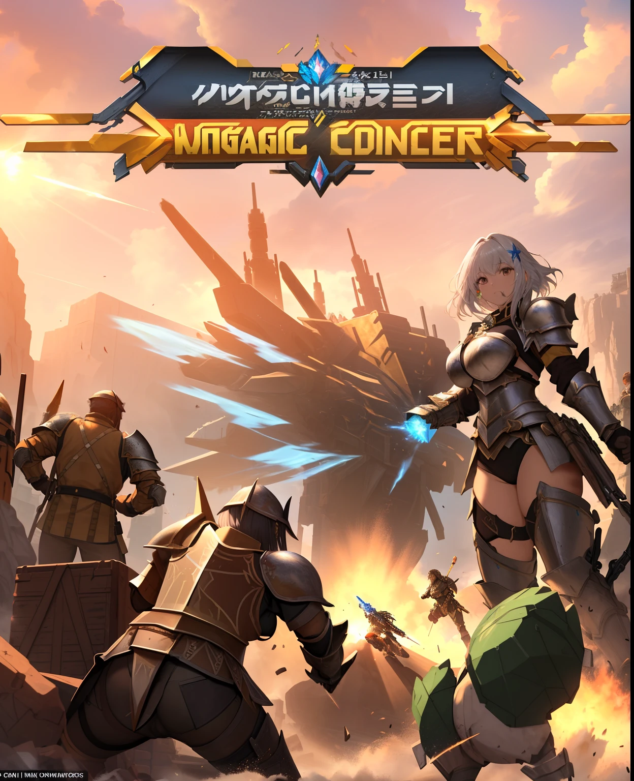 A group of adventurers fighting monsters, 2 warriors in mechanical combat uniforms, a female priest and a female sorceress, Several pieces of armor were injured and damaged. (breakage : 1.5), Wounds in several places, hemorrhage, Oil leakage from machine armor, Machine decoration, Complex structure (Complexity : 1.9), Thick armor, Exposing the upper breasts, thighs exposed, A horde of powerful monsters, High-quality sunlight depictions, Glossiness of the machine decoration : 1.5, magic effects, Trajectory effect of the weapon you wield