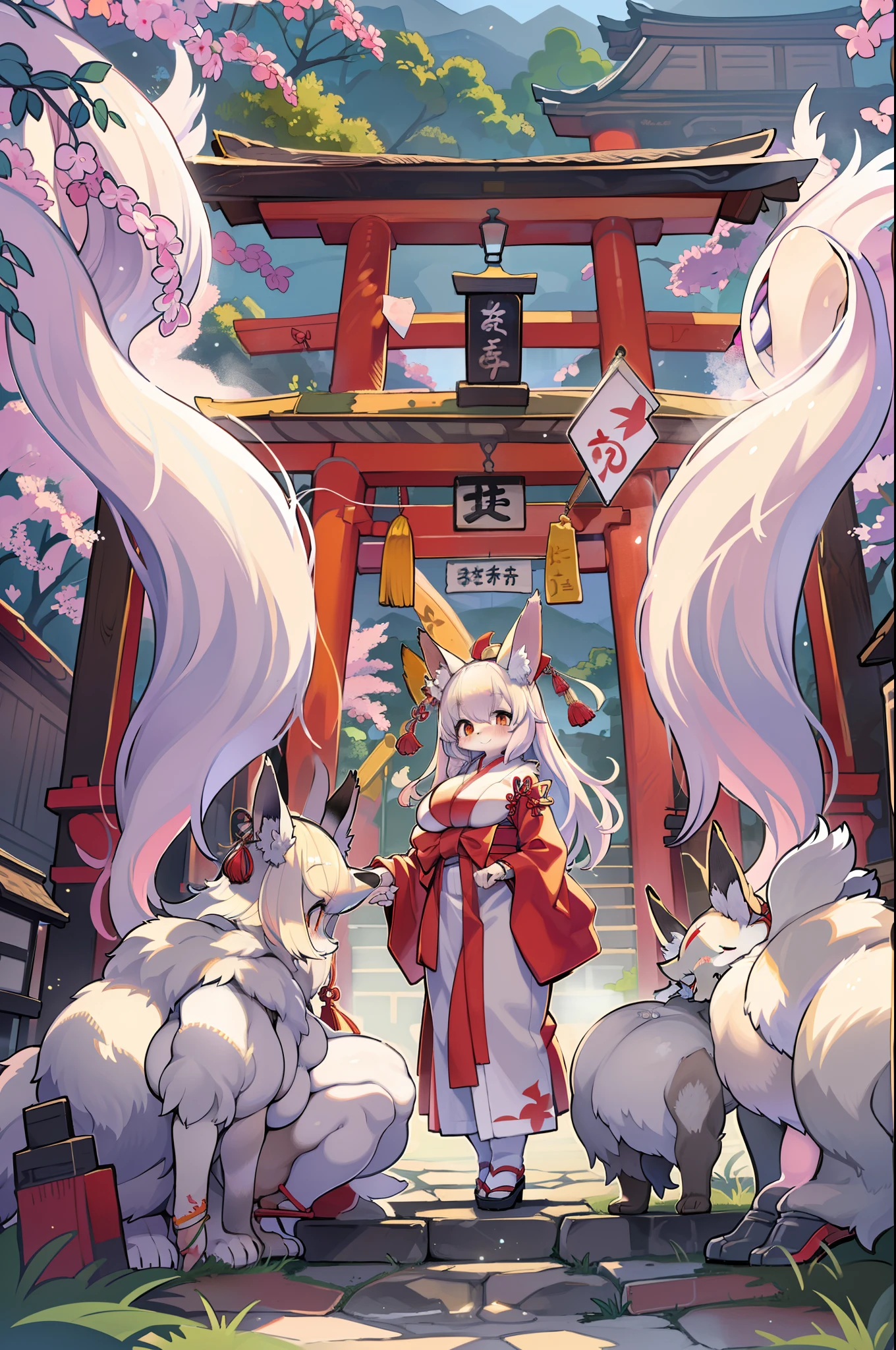 Fox Woman、body covered with fur、huge-breasted、kawaii、shrine maiden、Japan white clothes,Red Hakama、torii gate,summer day、From below、Wide Shot、Very Wide Shot、A big smile、bbw、thick thight、big butts、Ultramammy、the Nine-Tailed Fox
