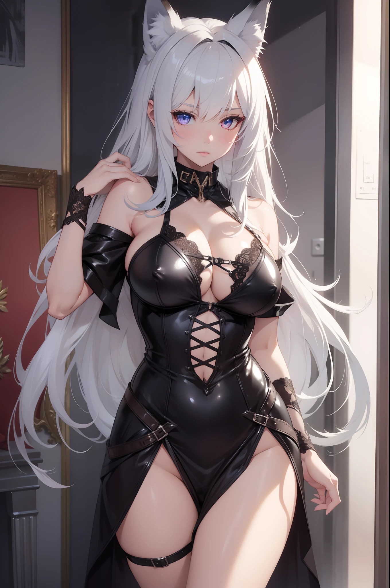 1girl, fine details, wolf ears, wolf tail, masterpiece, NSFW, stripper, , lewd, perverted, lustful, mature woman, sexy, posing, shiny clothes, revealing cloths,